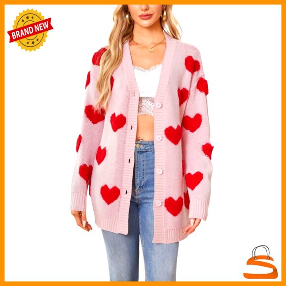 Sweaters - Oversized Cardigan Sweater Preppy Y2K Knit Button Up Heart Pattern Chic
